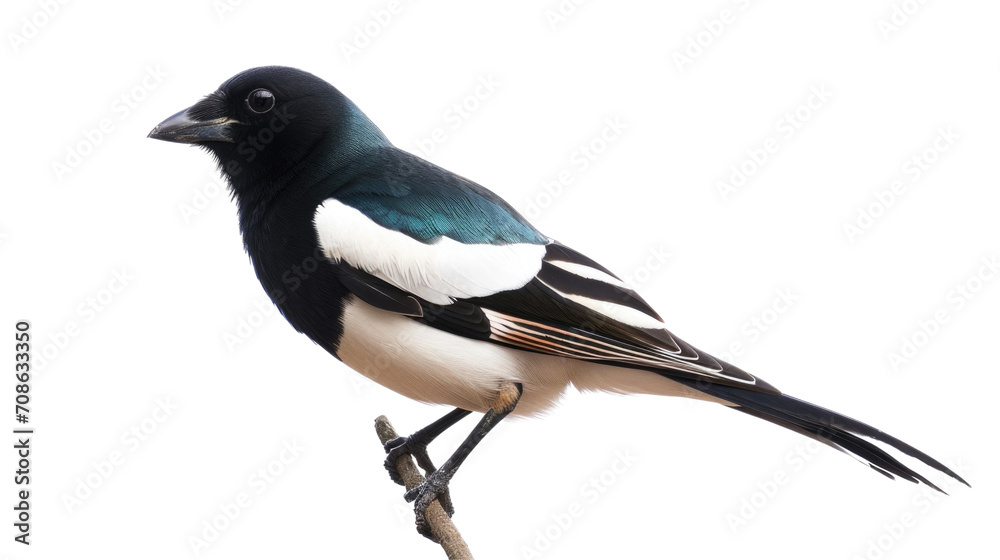 Fototapeta premium A magpie with striking black and blue plumage, white background, showcasing its glossy feathers and curious gaze.