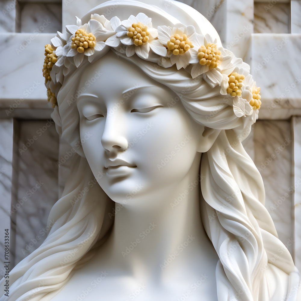 Elegant Marble Statue with Floral Crown