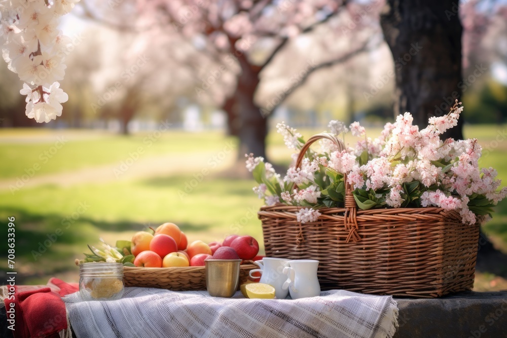 Spring picnic setup mockup with a woven basket, sandwiches, and fresh fruits
