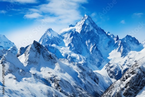 Snow-covered mountain peaks under a clear blue sky background © KerXing