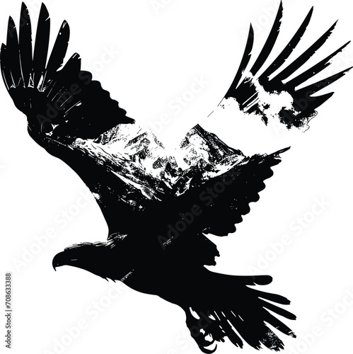 Silhouette of a flying eagle with double exposure of mountain, isolated on a white background