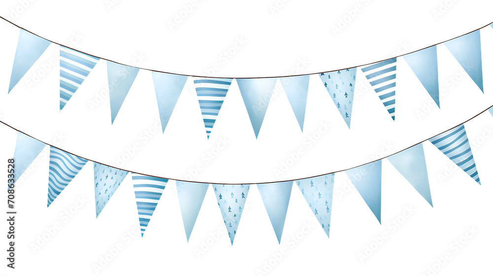 Fototapeta premium Blue watercolor baby boy shower party pennants chain, garland with flags