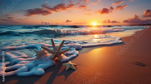 Starfish and seashells on the beach at beautiful sunset