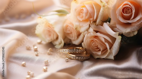 Wedding rings and flowers on satin background, closeup