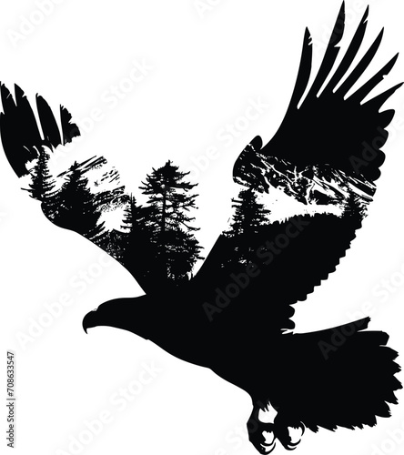 Silhouette of a flying eagle with double exposure of mountain, isolated on a white background