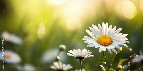 A close up of a flower in a field. Copy-space, place for text. Spring daisy flower background. #708633744