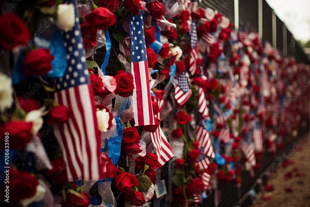 A Patriot Day tribute wall adorned with American flag ribbons and flowers