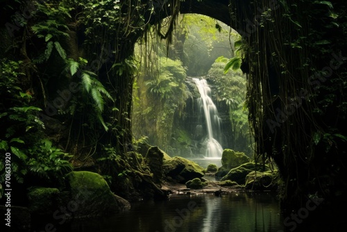 A hidden waterfall tucked away in a lush and verdant forest