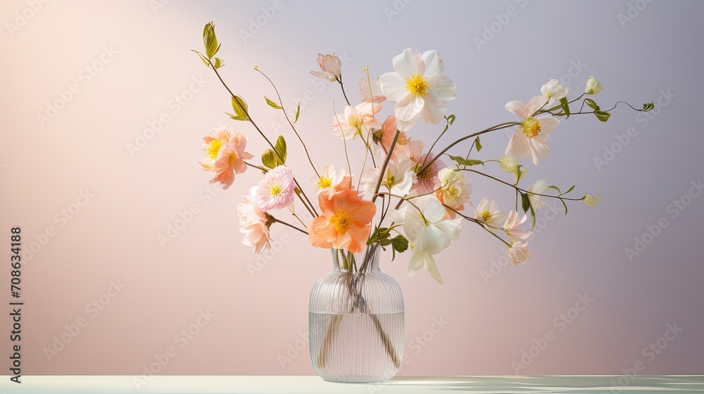 a bouquet of spring flowers on a light background, meticulously arranged in a modern minimalist style, the elegance and simplicity of this composition.