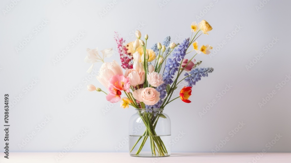 Fototapeta premium a bouquet of spring flowers on a light background, meticulously arranged in a modern minimalist style, the elegance and simplicity of this composition.