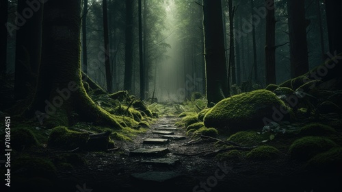 a single men's footstep in the serene setting of a forest, the simplicity and connection with nature in this composition.