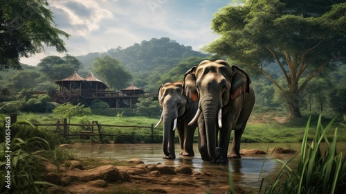 an elephant sanctuary, emphasizes the tranquility and beauty of the sanctuary's surroundings.