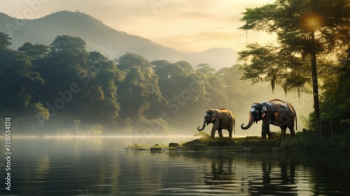 an elephant sanctuary, emphasizes the tranquility and beauty of the sanctuary's surroundings.