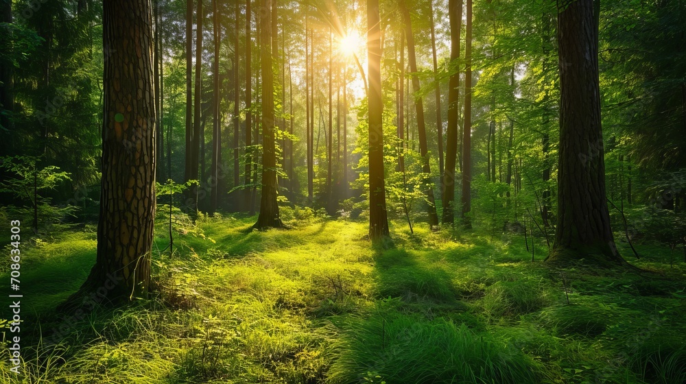 Sun Shining Through Trees in Forest, Bright and Serene Nature Scene Sun Shining Through Trees in Forest, Bright and Serene Nature Scene