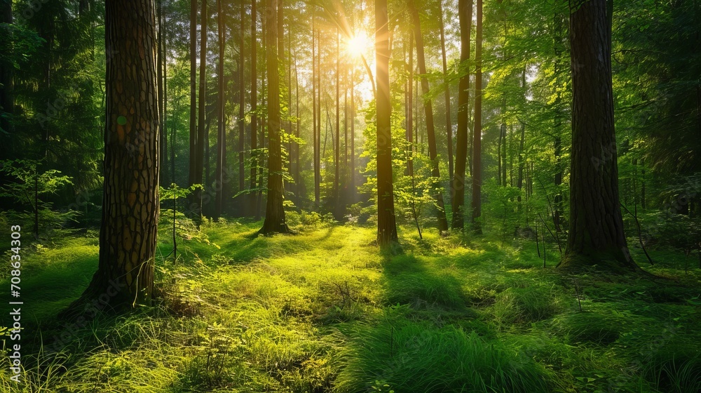 Sun Shining Through Trees in Forest, Bright and Serene Nature Scene