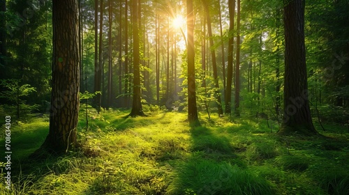 Sun Shining Through Trees in Forest, Bright and Serene Nature Scene