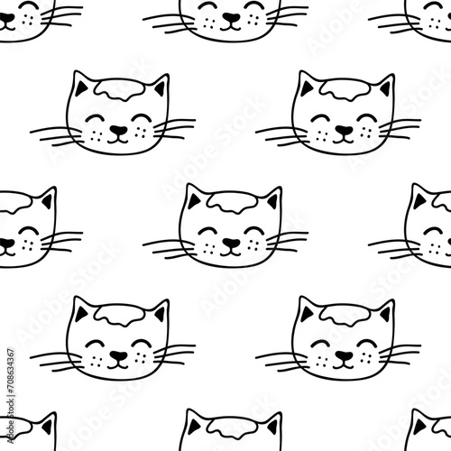 Fototapeta Naklejka Na Ścianę i Meble -  Seamless pattern with cat muzzle doodle for decorative print, wrapping paper, greeting cards, wallpaper and fabric
