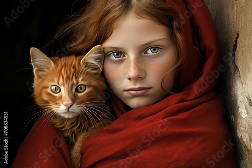 Portrait of a girl in a red dress with the head of a red cat in an old traditional village house