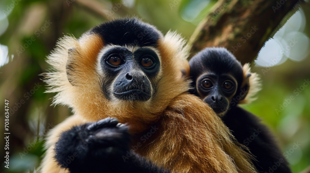 Fototapeta premium Yellow-cheeked Gibbon, Nomascus gabriellae, with grass food, orange monkey on the tree.