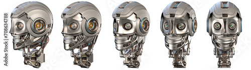 Futuristic robot head or very detailed humanoid face. Collage or set of five different angles. Isolated on transparent background. 3d rendering