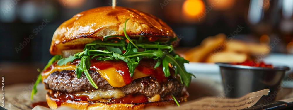 close-up of a delicious juicy burger. Healthy and tasty burger - obrazy, fototapety, plakaty 