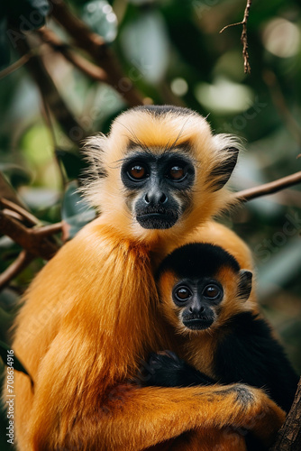 Yellow-cheeked Gibbon, Nomascus gabriellae, with grass food, orange monkey on the tree. © Артур Комис