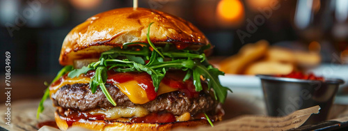 close-up of a delicious juicy burger. Healthy and tasty burger photo
