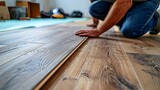 carpenter or worker putting or installing parquet flooring in construction