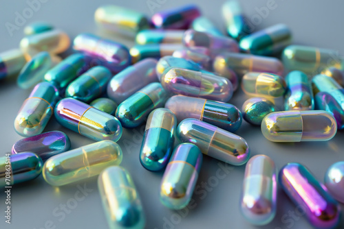 Close up of a lot of blue and green capsules on grey background