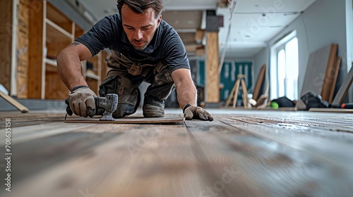 carpenter or worker putting or installing parquet flooring in construction photo