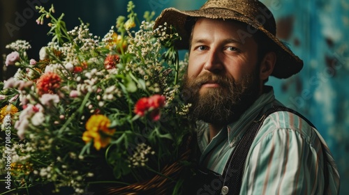 A confident middle-aged man with a beard and a bouquet of wildflowers in his hands. A stylish fat man in a hat is looking forward to presenting a gift to the lady of his heart!