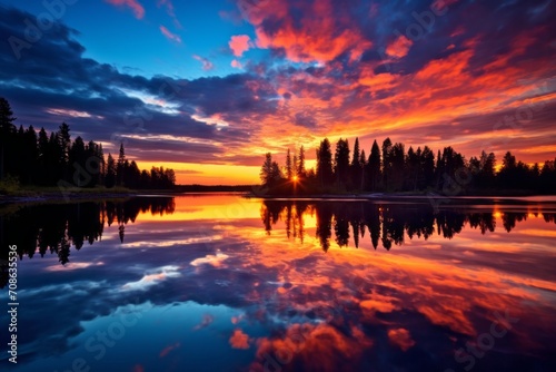 Calm river reflecting the colors of a vibrant sunset sky