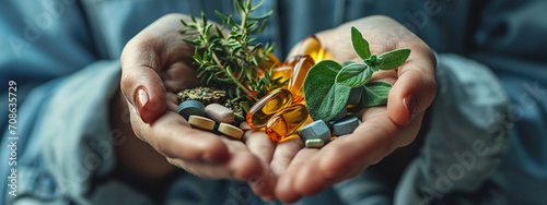in the hands of pills medicinal pills from herbs, medicine. photo