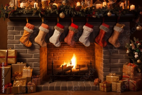 Christmas fireplace with stockings and presents around it