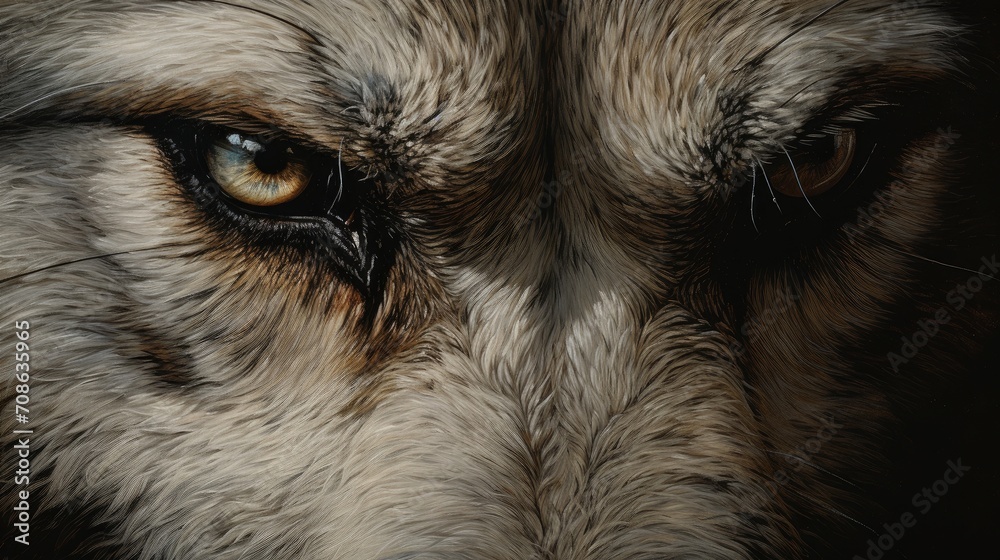 Close up of a wolf's eyes and snout as it emits a haunting howl, evoking a sense of primal energy