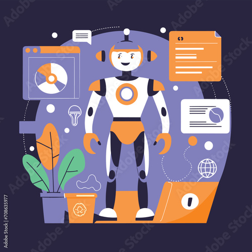 2d vector illustration colorful technology , ai robot making jobs helping people colorful design