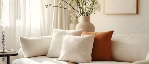 Close up of fabric sofa with white and terra cotta pillows. French country home interior design of modern living room,fragmented architectur,coastal and harbor views,capture the essence of nature,sola photo