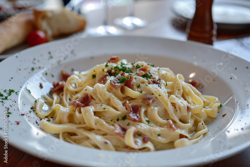 Delicious food, Italian pasta carbonara at a restaurant, tasty dish