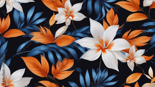 Pattern of orange flowers and blue leaves on dark background 