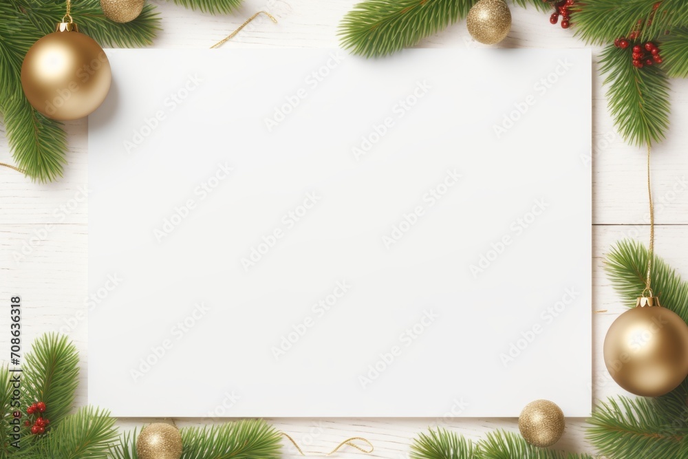 Blank white sheet of paper adorned with festive christmas decorations Blank white sheet of paper adorned with festive christmas decorations