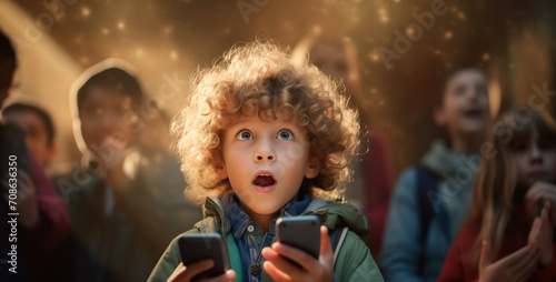 A young boy holding a mobile device looking amazed and surprised in a school classroom