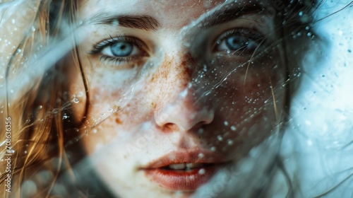 A unique double exposure of a woman's portrait and sparkling light particles creating a magical sparkling effect. Image on a light shimmering background with water drops on the face. Conceptual image
