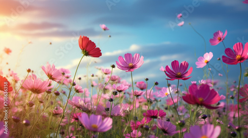 Cosmos flowers at sunset with blue sky. © Anna