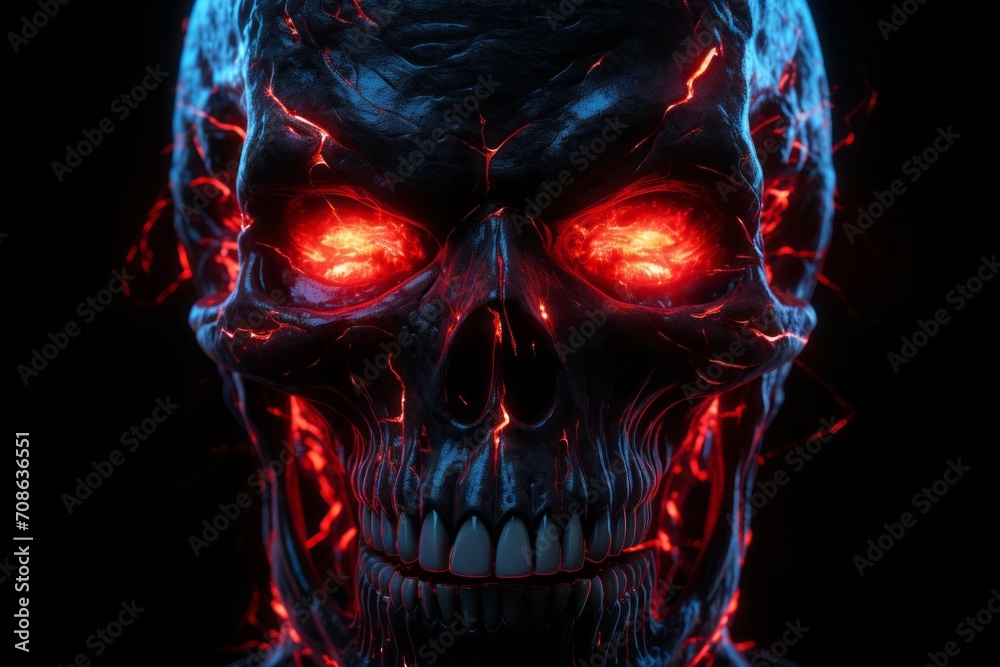 Menacing demonic skull with piercing red eyes