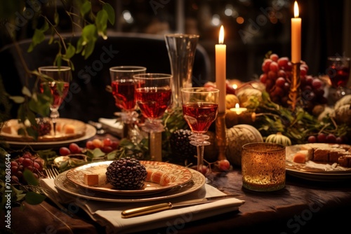 Creative visuals of a festive New Year's dinner table with elegant decorations