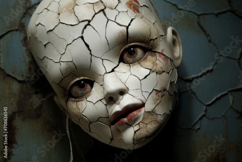 Eerie and weathered doll with cracked paint on its face photo