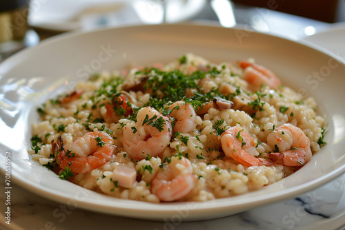 Delicious food, tasty shrimp risotto dish at a restaurant