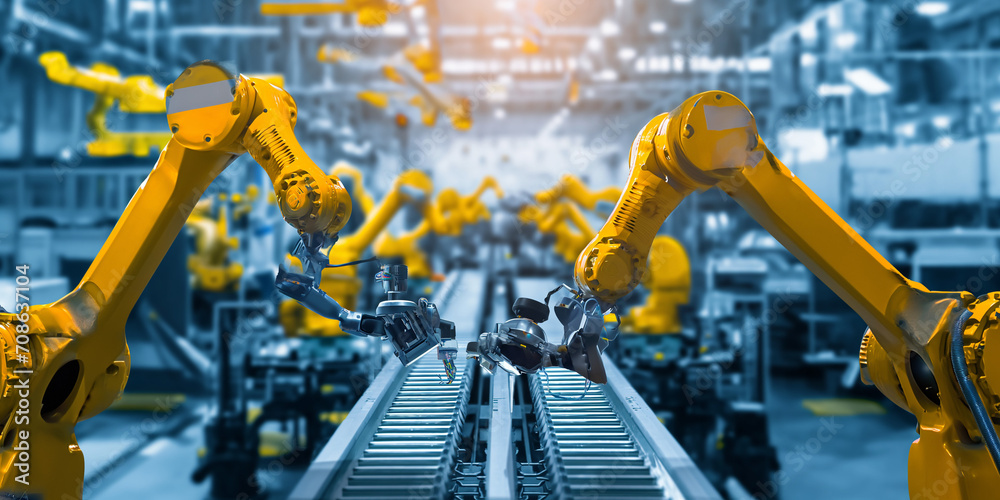Roboter Arme in der Fabrik am Laufband zur Fertigung