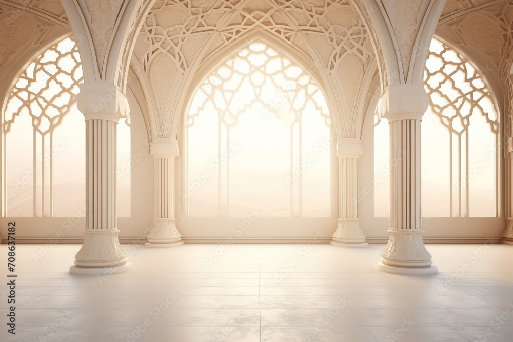 Empty room with columns and arches. Elegant mosque background
