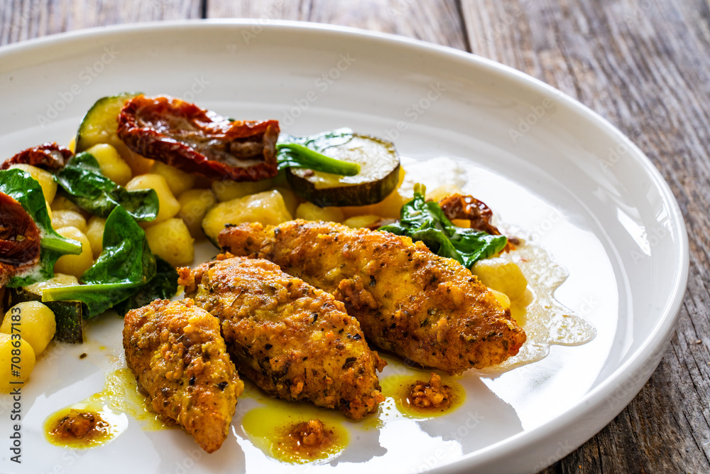 Fried chicken breast fillet with gnocchi and sun dried tomatoes on wooden table Fried chicken breast fillet with gnocchi and sun dried tomatoes on wooden table